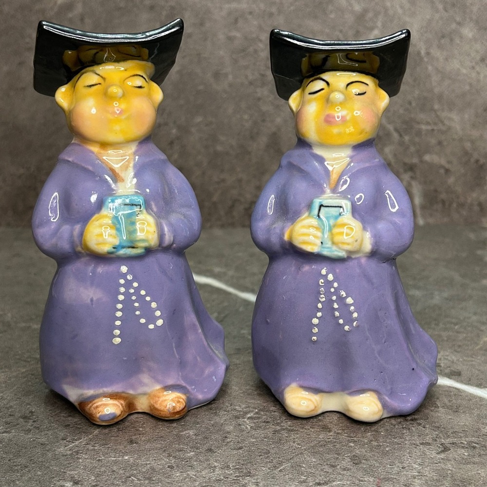 Vintage Japan Ceramic Monk Salt and Pepper Shakers Purple H9079 Mid Century Set